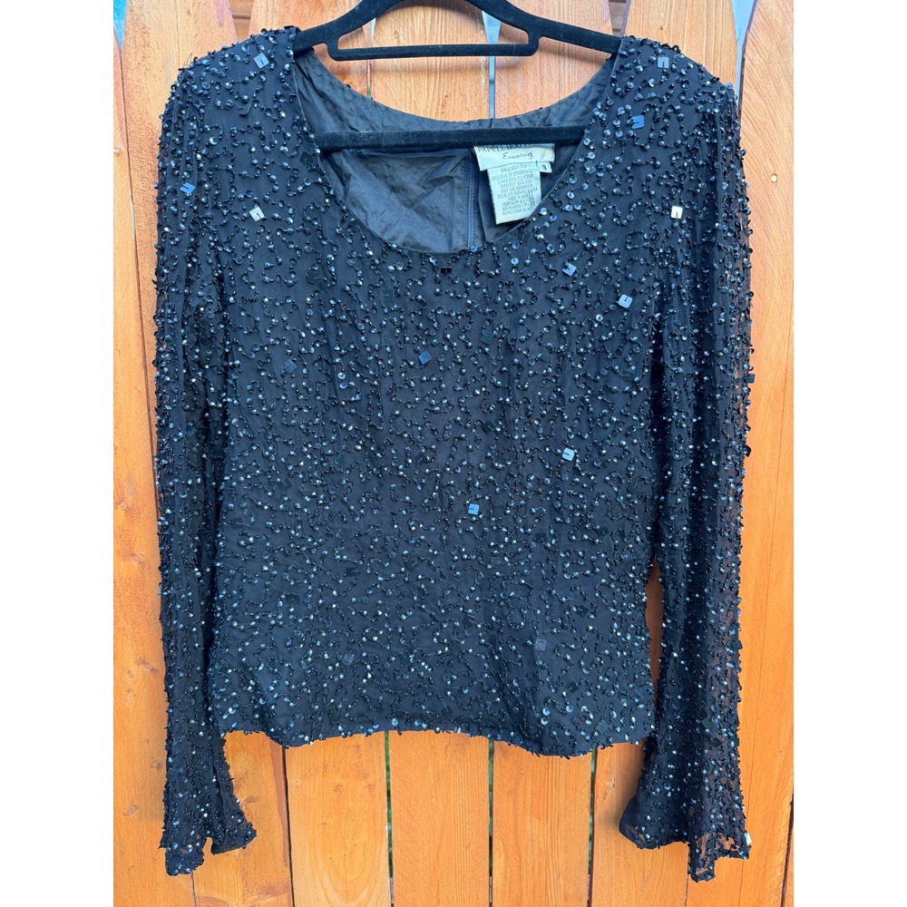Papell Boutique Evening Black Silk Sequin Beaded Long bell Sleeve Blouse